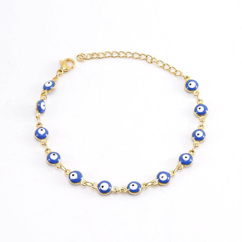 Mio Queena - Wholesale Charm/Dangle Bracelet - Enamel Evil Eye 18k Gold Plated Stainless Steel Bracelet-FGS1