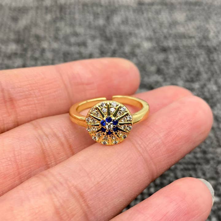 Mio Queena - Wholesale Cocktail/Statement Ring - Enamel Rhinestone Turkey Eye Evil Eye Golden Adjustable Rings5