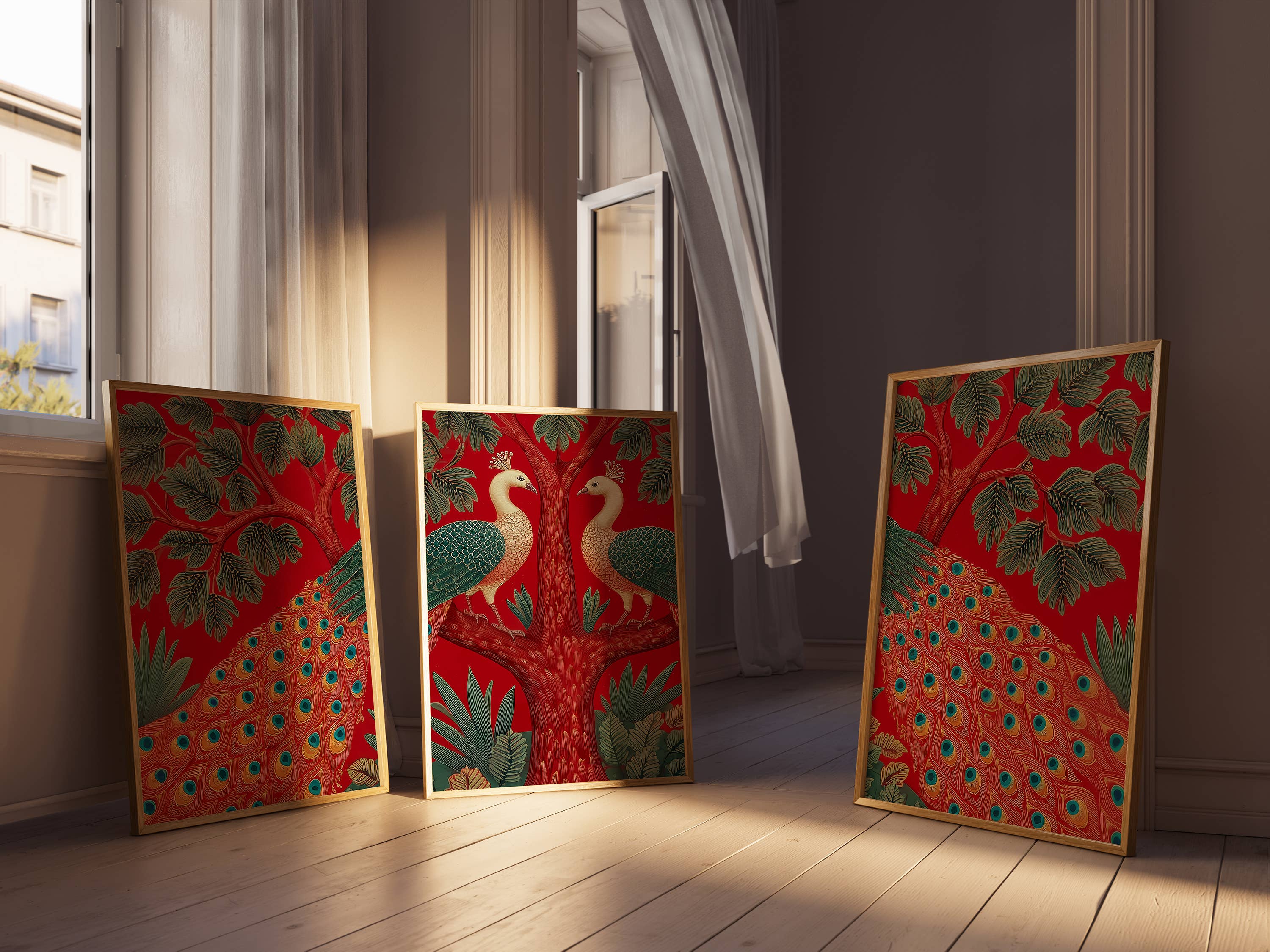 IuliiaArtPrints – wholesale Konsttryck – Indisk påfågelväggkonst – Röd triptyk Pichwai-stil fåglar5