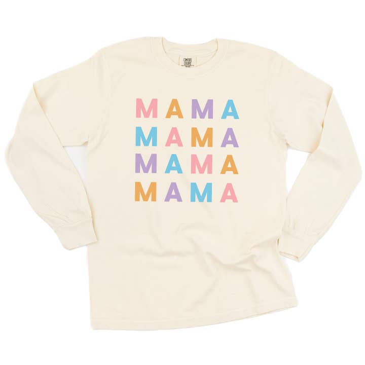 Little Mama Shirt Shop – wholesale T-shirts med screentryck – Dam – MAMA x4 - PASTELL DESIGN - LÅNGÄRMAD KOMFORTFÄRGAD T-SHIRT