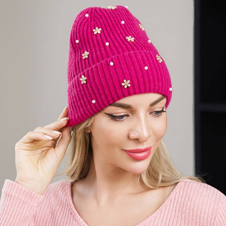 Sensibling Corp. - Wholesale Beanie - Women's - Flower Stone Charm Pearl Embellished Knitted Winter Beanie Hat2