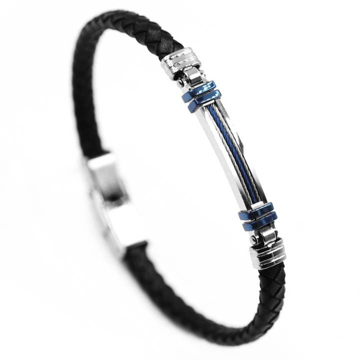 Awaken - Wholesale Woven/Braided Bracelet - Men's Leather and Steel Bracelet - Blue String - B-127