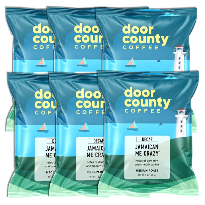 Door County Coffee - Wholesale Ground Coffee - Jamaican Me Crazy DECAF Flavored Coffee, 1.5oz, 6 pack