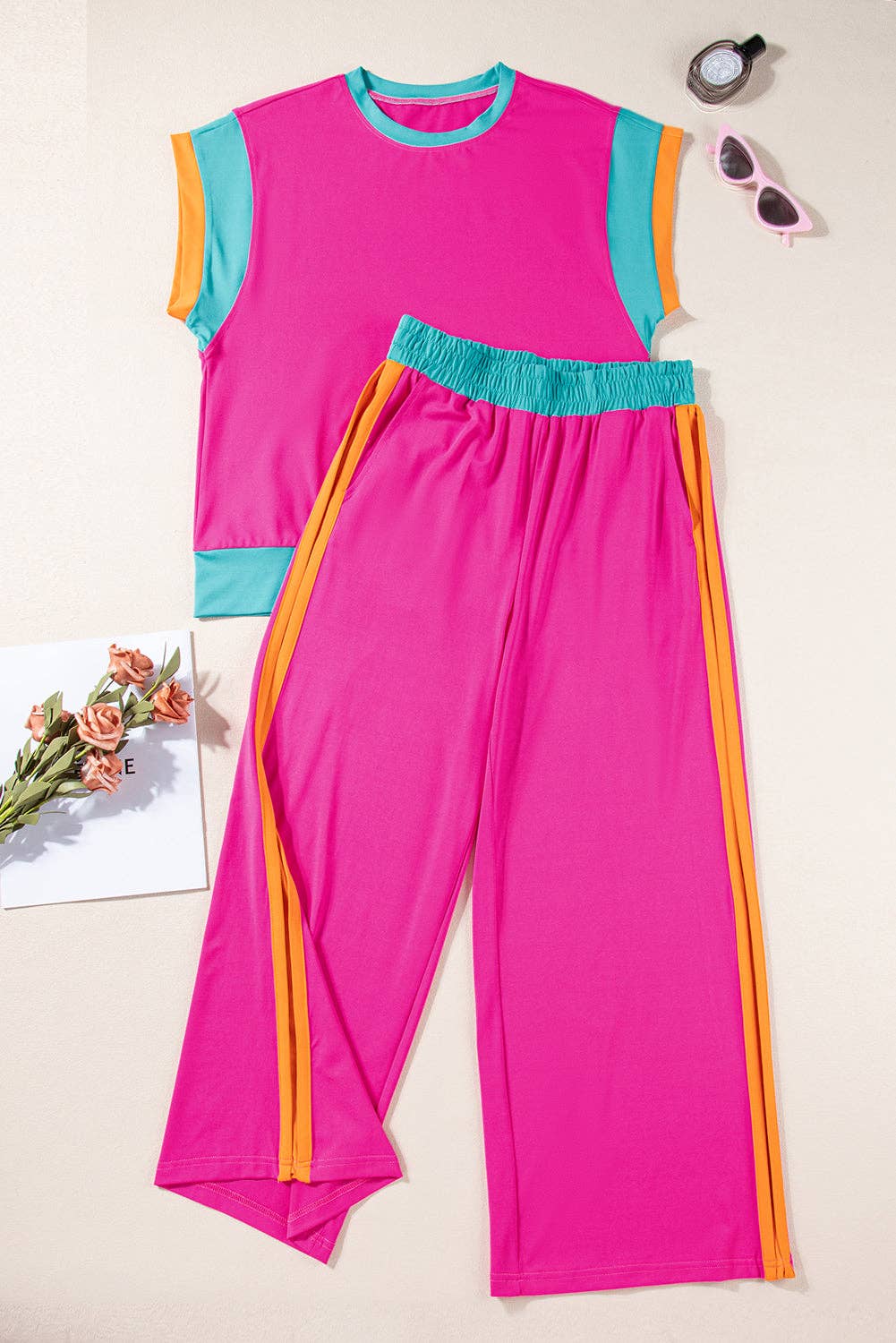 LALA LOO – wholesale Lounge set – Women's – LALALOO Colorblock Short Sleeve Top And Pants Set15