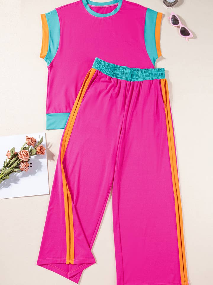 LALA LOO – wholesale Lounge set – Women's – LALALOO Colorblock Short Sleeve Top And Pants Set15