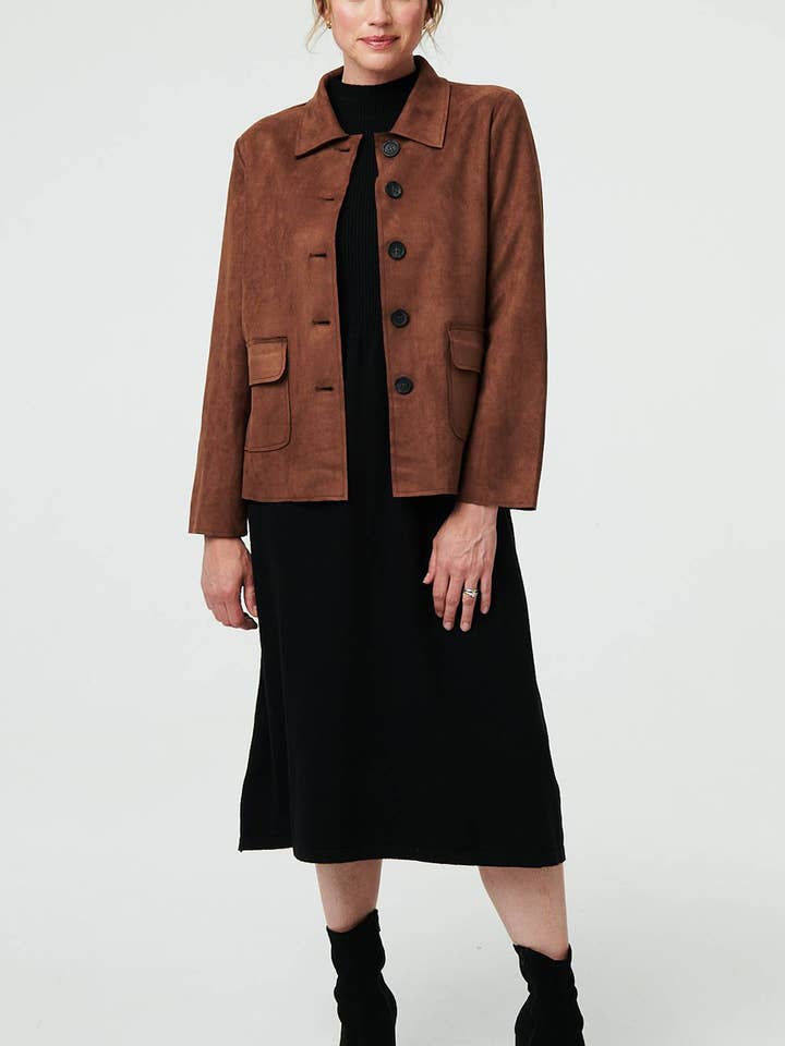 Brown Faux Suede Button Front Boxy Jacket
for wholesale on Faire0
