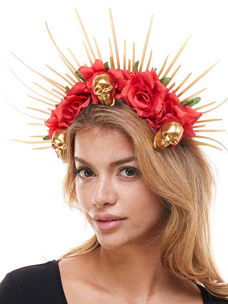 KBW Global Corp. - Wholesale Fashion Headband - Unisex - Red Floral Headband with Gold Skull0