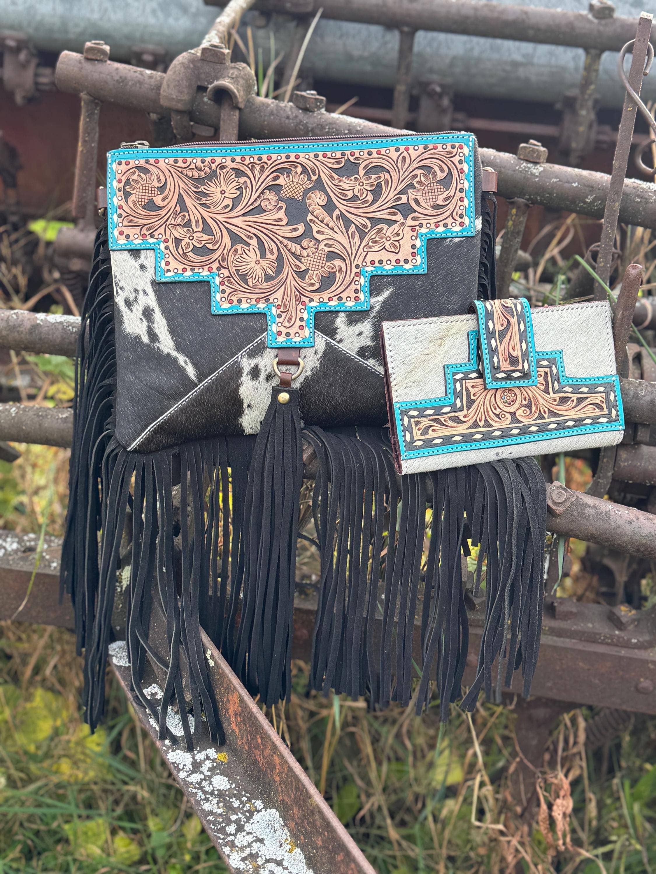 Double B Wild Rags - Wholesale Crossbody Bag - Women's - Black and Turquoise Genuine Western Cowhide Leather Purse with fringe by Double B Wild Rags0