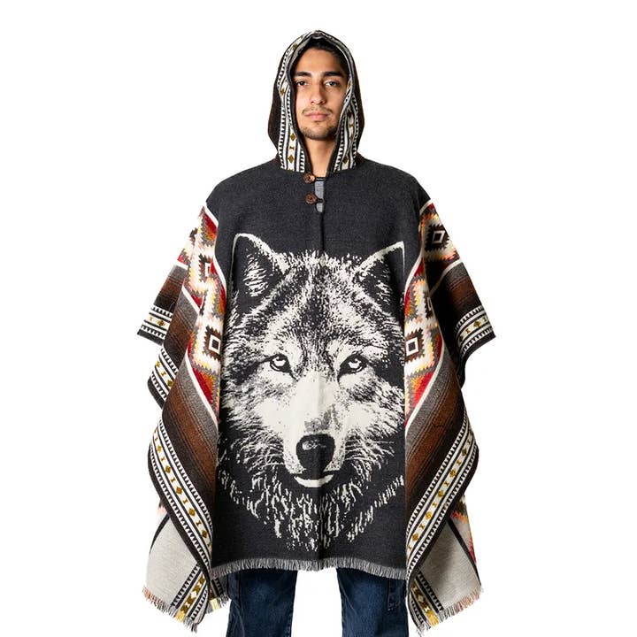 Poncho Sudadera Lobo Andino Diseño Tribal Hecho a Mano de Lana de Alpaca para venta al por mayor de EcuadorStores
