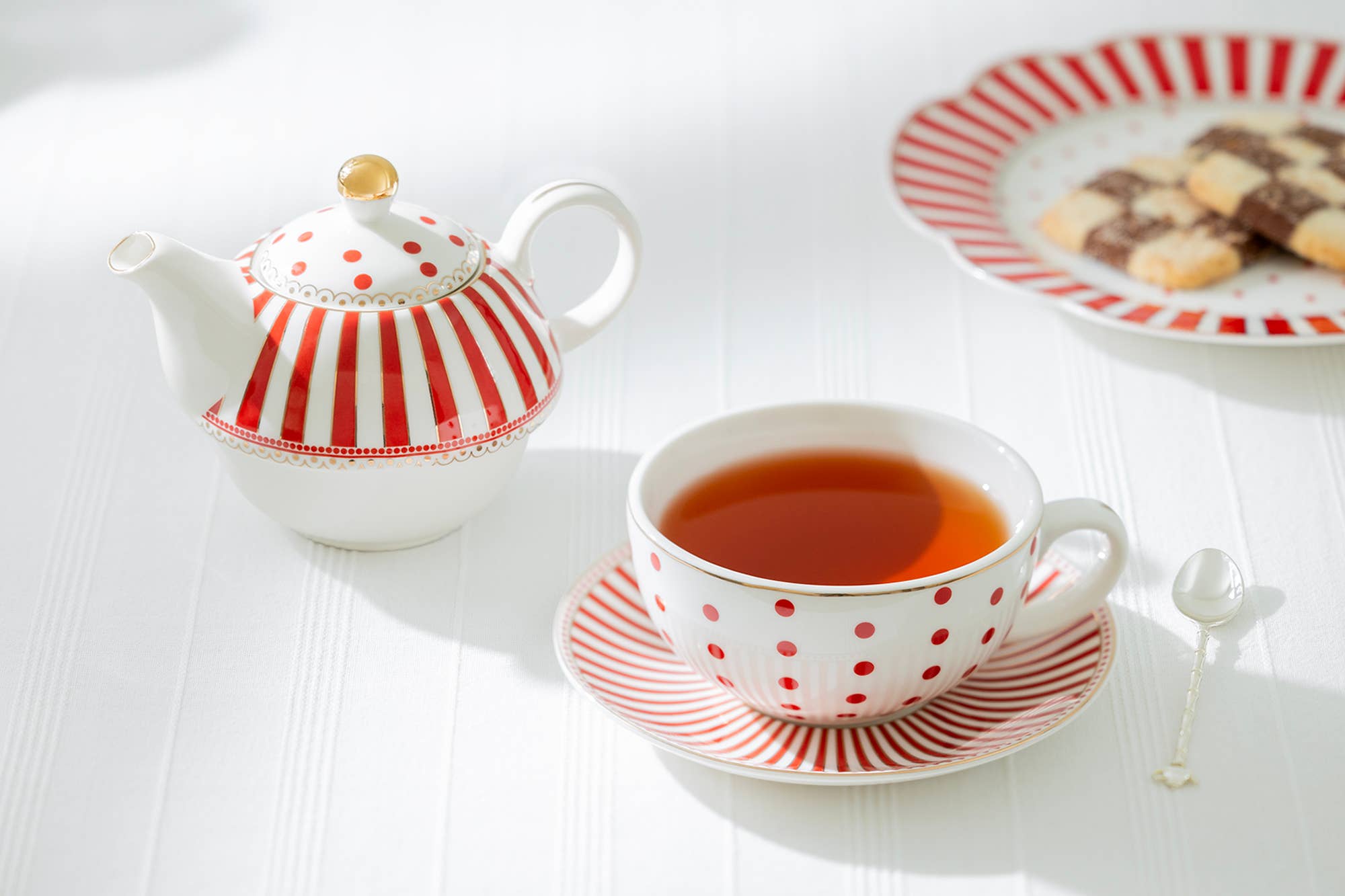 Grace Teaware - Wholesale Tea Set - Red Josephine Stripes Dots Fine Porcelain Tea For One Set1