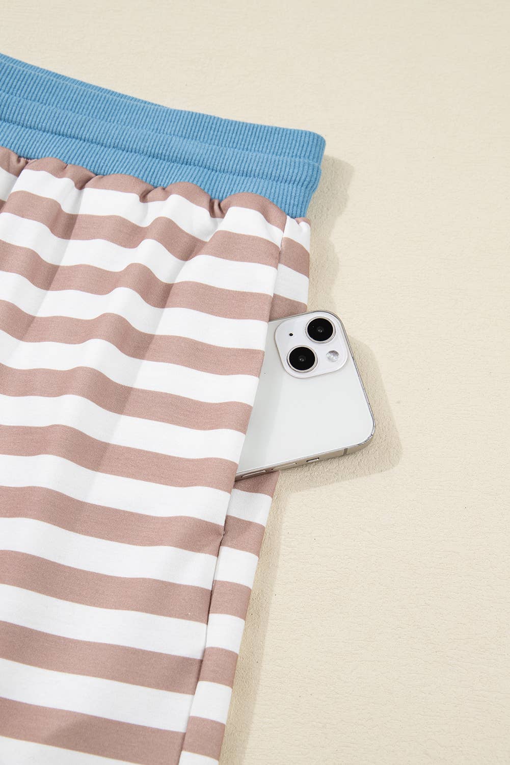 Beige Stripe Contrast Edge Pullover and Shorts Plus Size Set for wholesale on Faire9