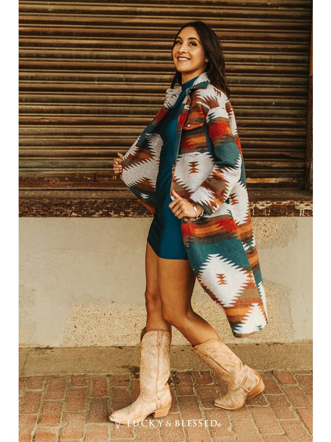 LUCKY & BLESSED - Wholesale Coat - Women's - Plus Size Blue Teal Aztec Button Down Coat