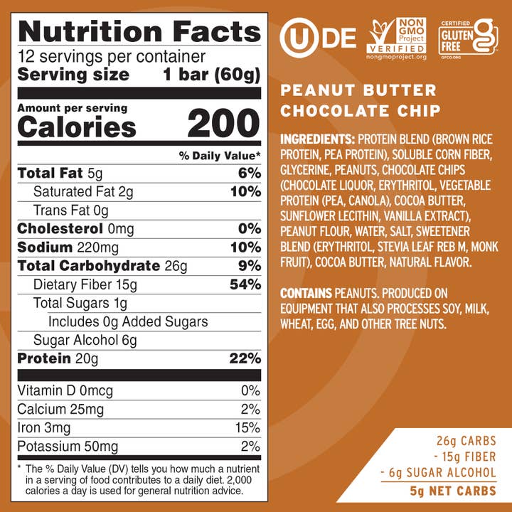 No Cow - Wholesale Snack Bar - No Cow Protein Bars, Peanut Butter Chocolate Chip, 12 Pack