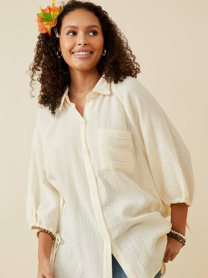 Womens Crinkle Texture Slips Ärm Knapp Upp Skjorta för wholesale av Hayden LA