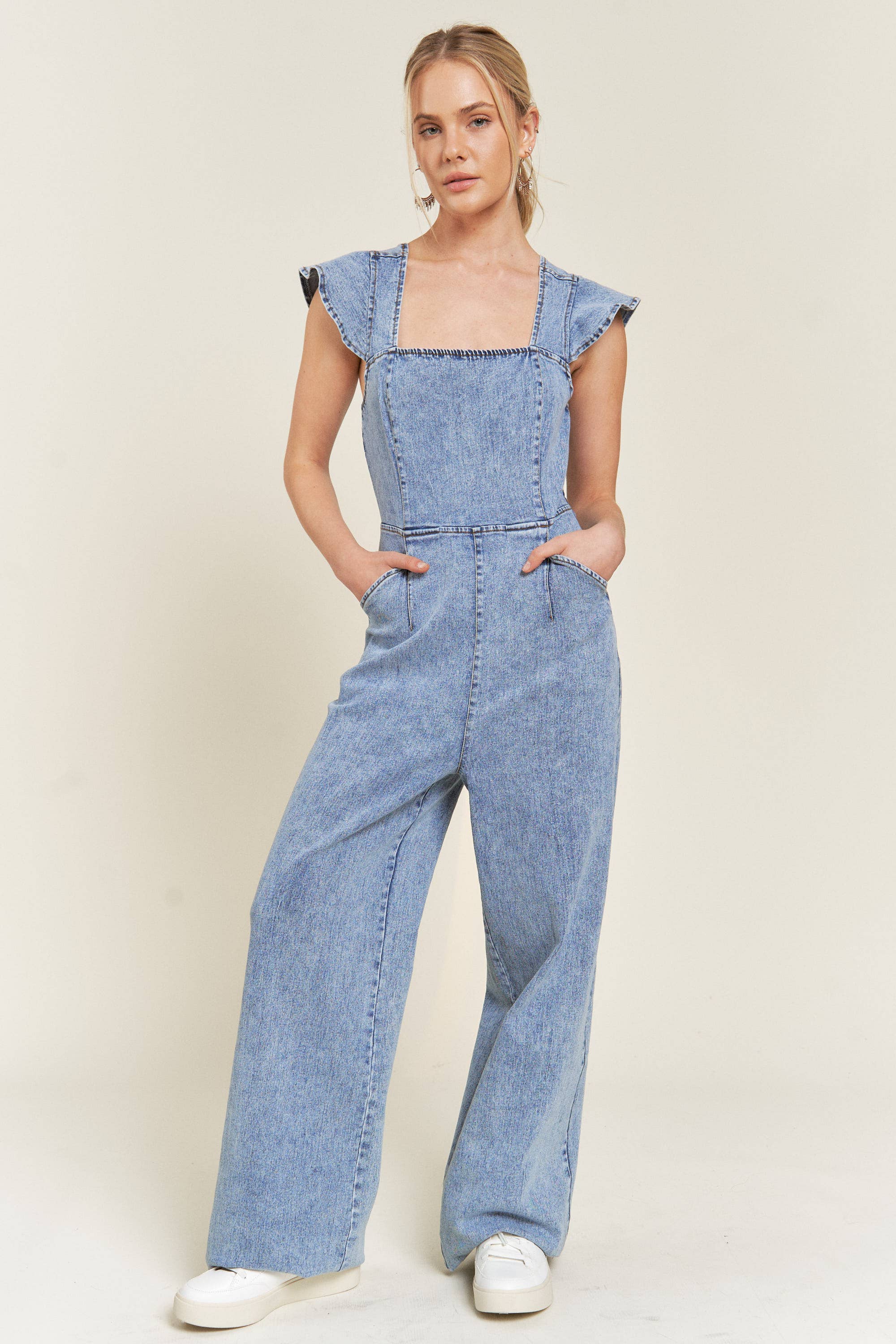 DENIM FLÆSET DENIM JUMPSUIT JJS5035 for engroshandel på Faire5