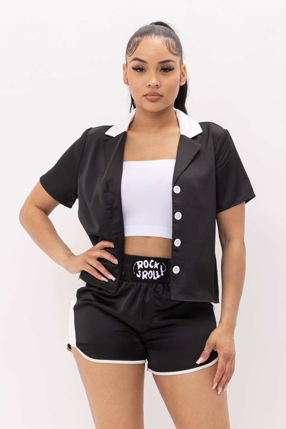 Julia by LoveJ – wholesale Set med topp och shorts – Dam – Button Down kontrast topp och främre Rock & Roll Shorts Set21