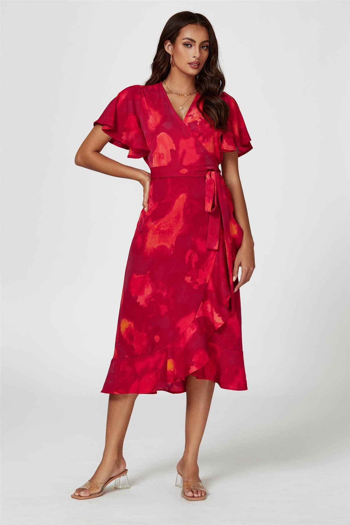 Abstract Print Angel Sleeve Wrap Midi Dress In Red for wholesale on Faire0