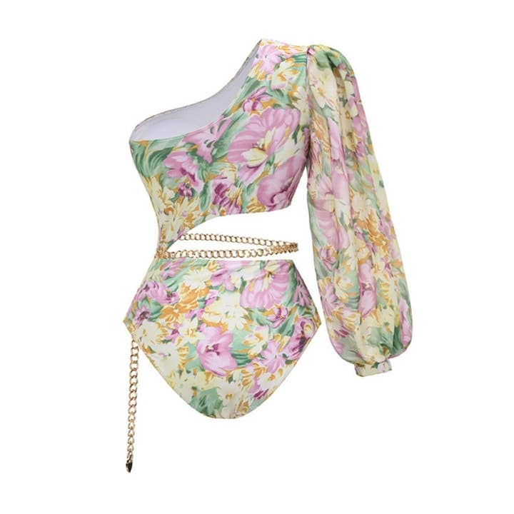 YELLOW PURPLE Floral Chain Detail One-Shoulder Bodysuit and Skirt Set for wholesale on Faire