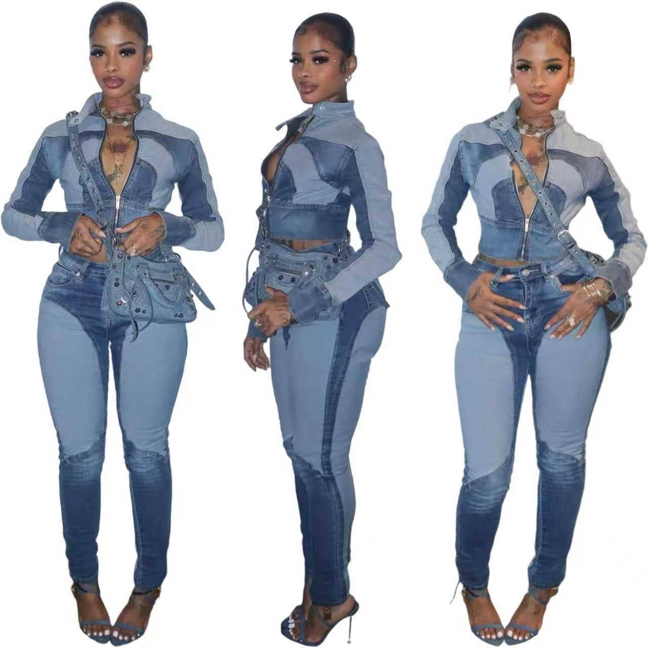 MB Fashion Wholesale - Wholesale Top & Pant Set (NOT Loungewear) - Women's - MB FASHION Two-Piece Zip-Up Denim Jacket and High-Waist Jeans Set 81962