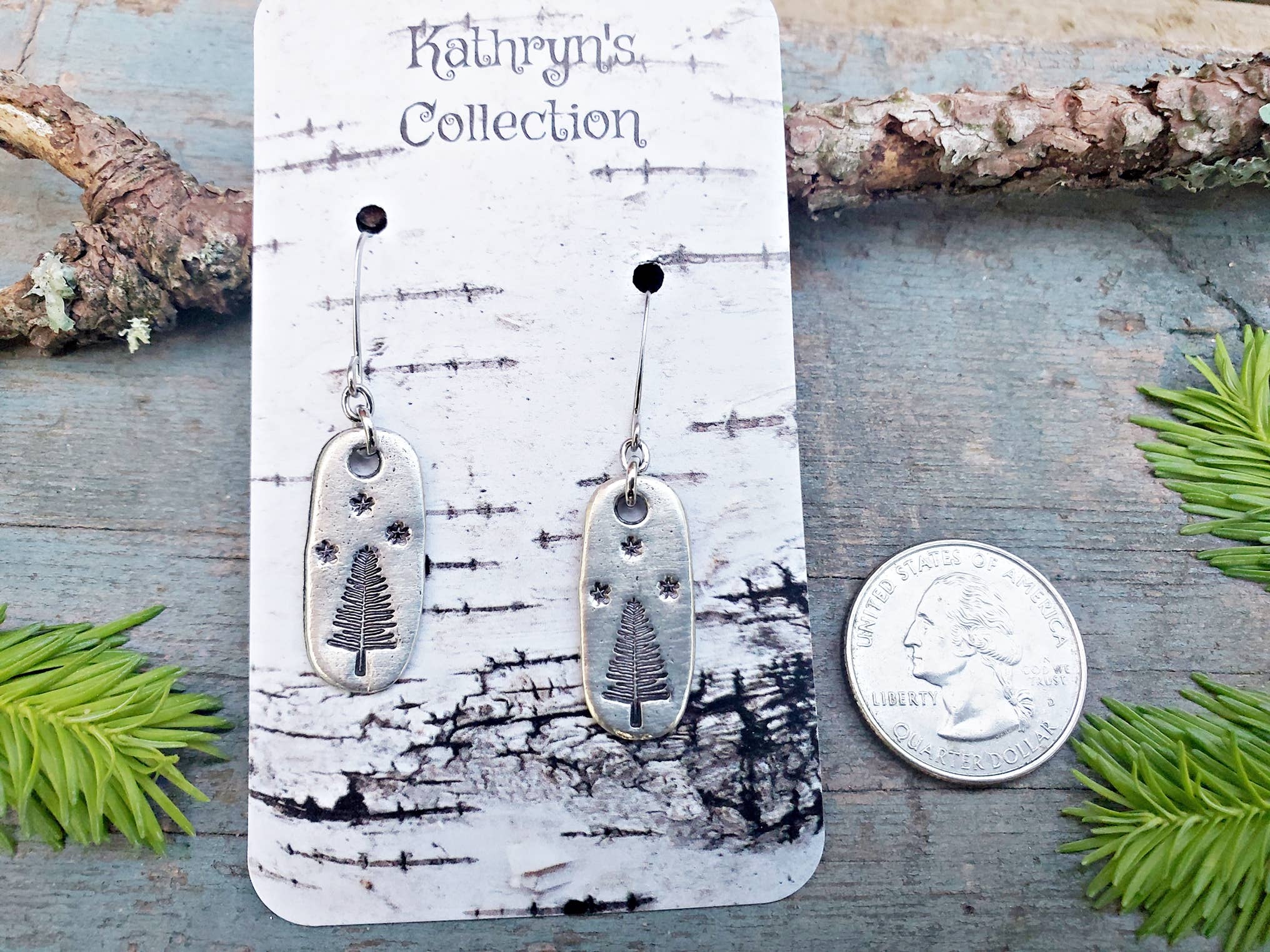 Kathryn's Collection - Wholesale Dangle Earrings - Pine Tree Earrings, Hand-Stamped3