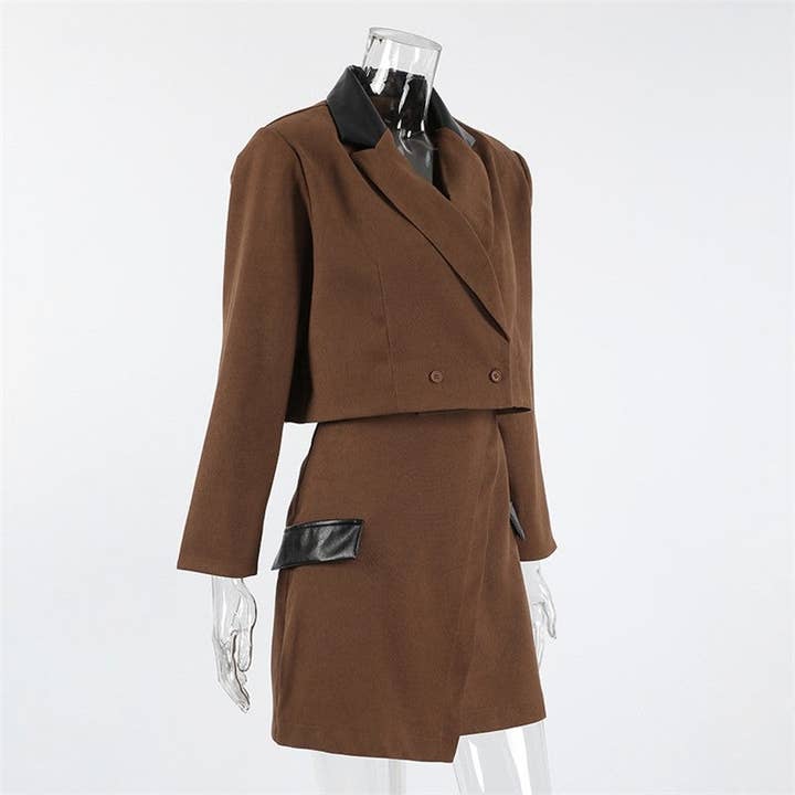 Brown Fashion Color Block Blazer High Waist Skirt Set for wholesale on Faire5