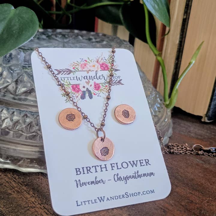 Birth Flower Studs+ Charm Necklace Set for wholesale by Little Wander Shop