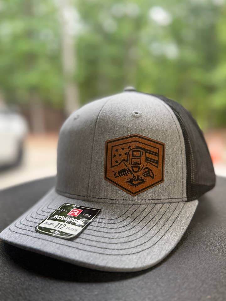 Svejsers amerikanske flag, hat, læderlappet hat for engroshandel hos Grey Barn Customs