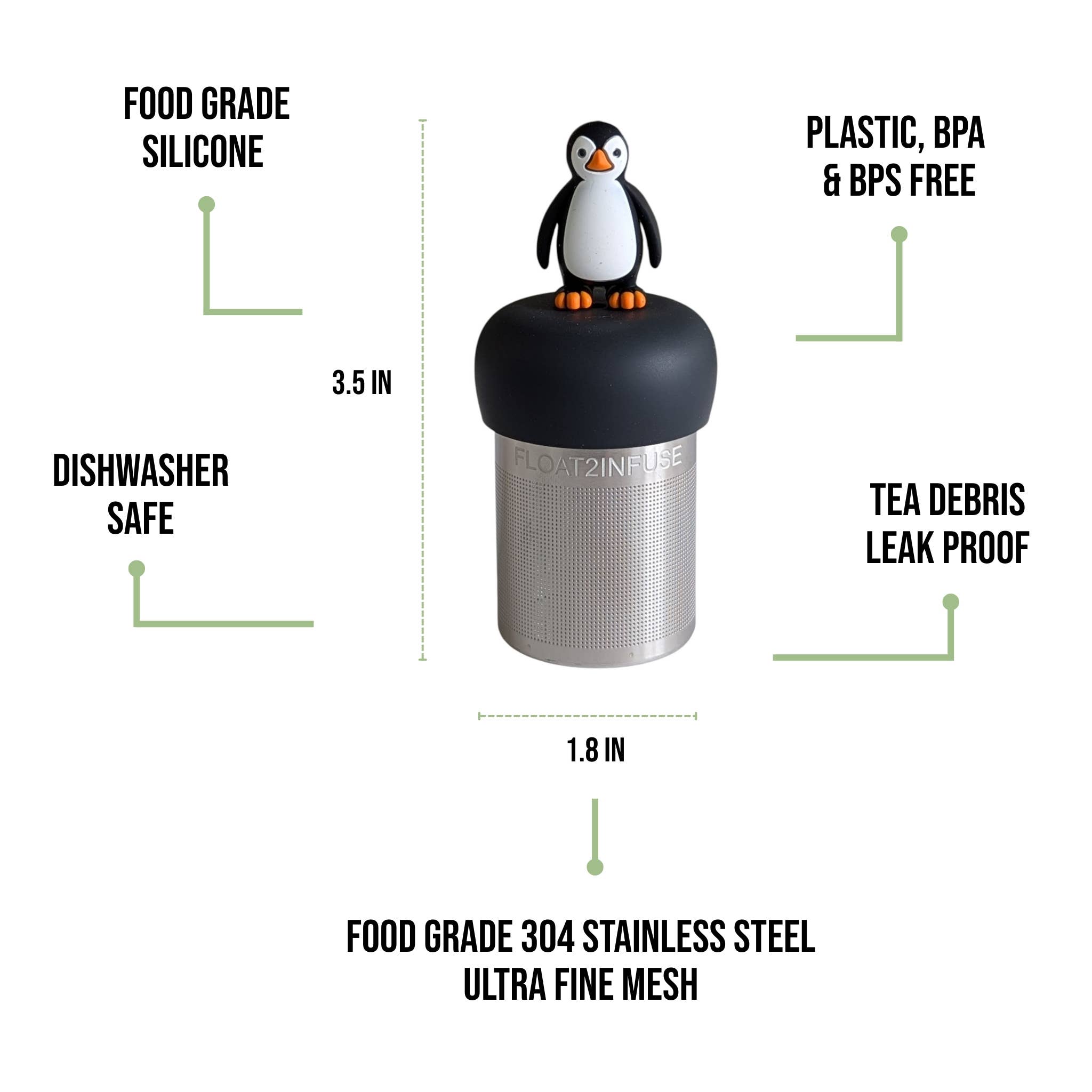 Float2infuse Tea Infuser - Wholesale Tea Strainer/Infuser - Penguin | Floating Tea Steeper | Grey Base | Black & White5