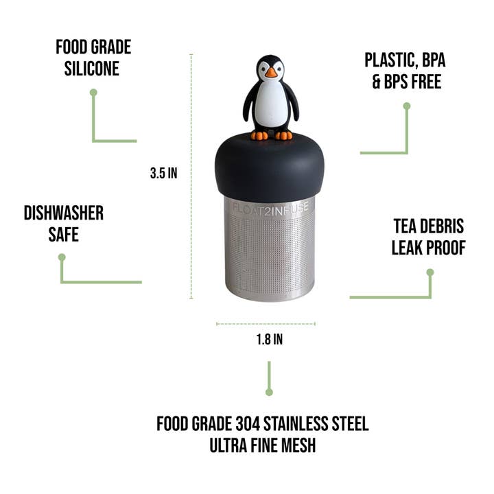 Float2infuse Tea Infuser - Wholesale Tea Strainer/Infuser - Penguin | Floating Tea Steeper | Grey Base | Black & White5