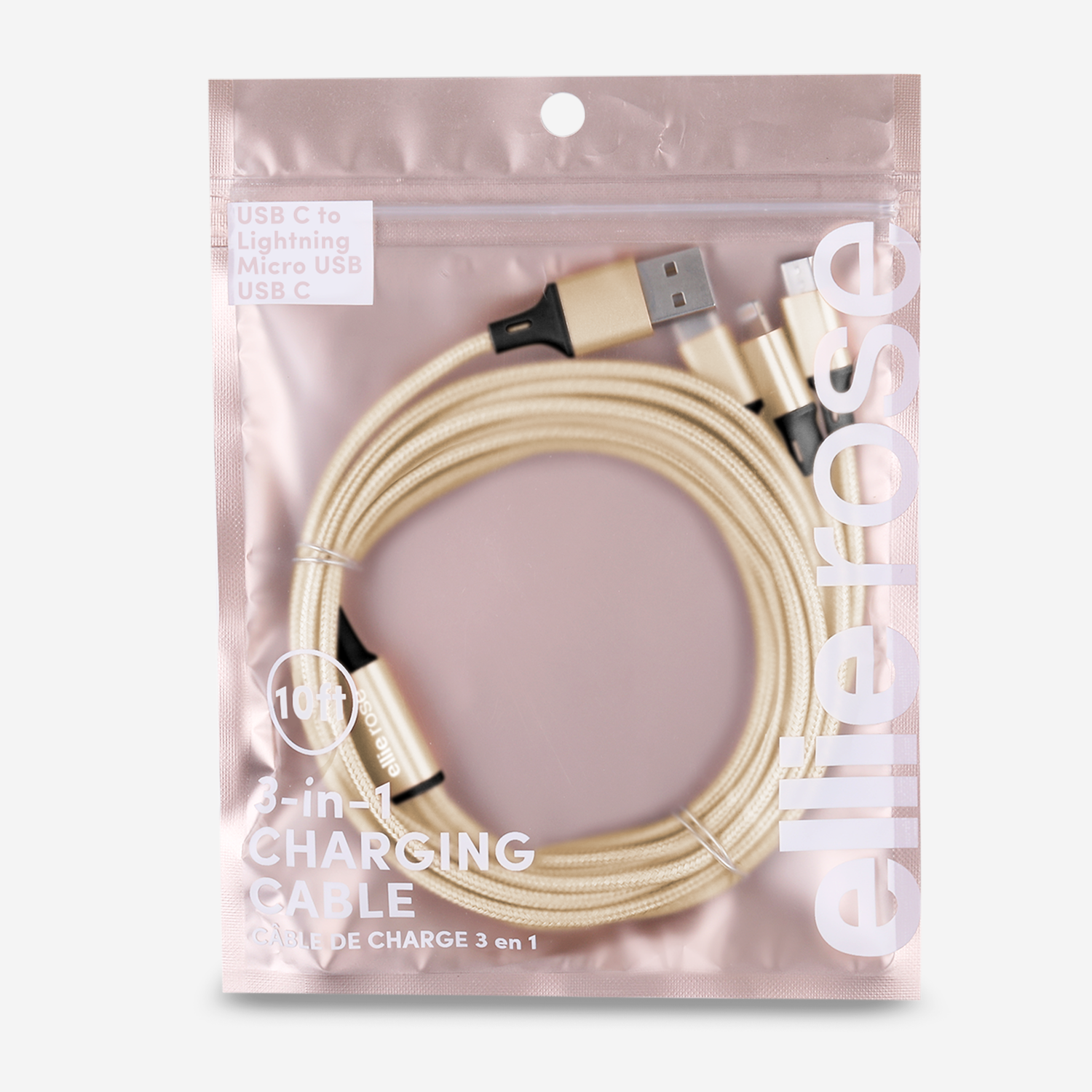 Ellie Rose - Wholesale Charging Cable - 3-in-1 Charging Cable 10 Ft Nylon - Gold (USB A)6