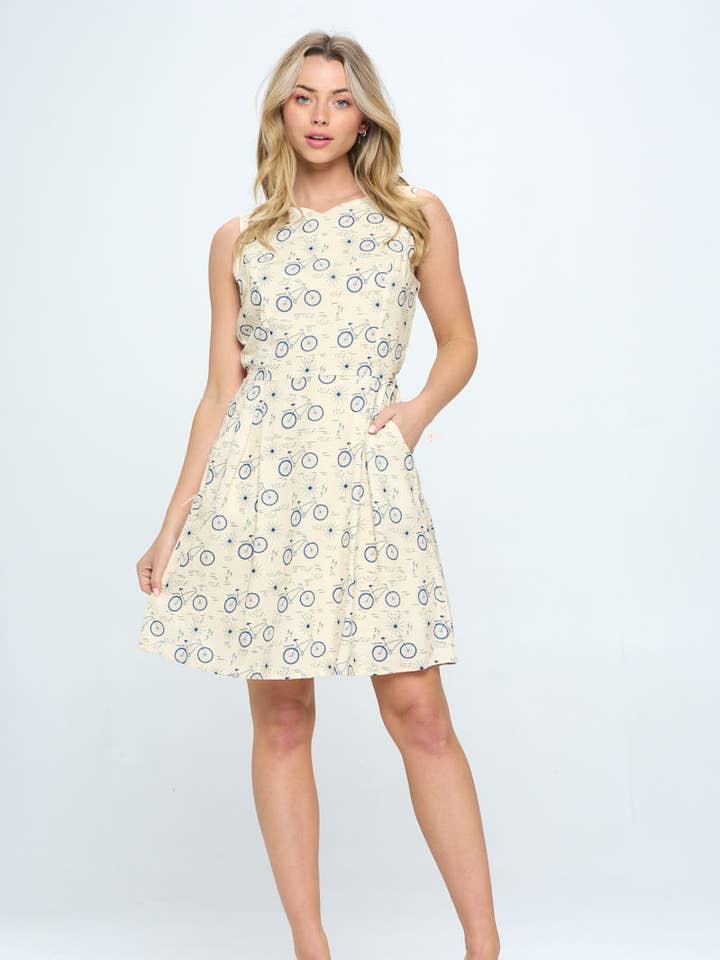 ALL OVER BICYCLE PRINT DRESS WITH POCKETS for wholesale by SM WARDROBE