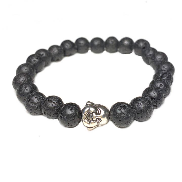 Buddha Head Silver on Natural Black Lava Stone for wholesale by Low Tide Island Design