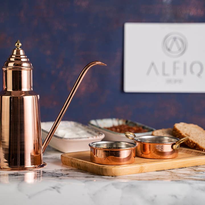 Pure Copper Olive Oil Dispenser Pot + Oil Dipping Set | 600 ml Hand Crafted Oil Cruet Handmade Solid Copper Oil Bottle | 100% Solid Copper for wholesale by ALFIQ Copper