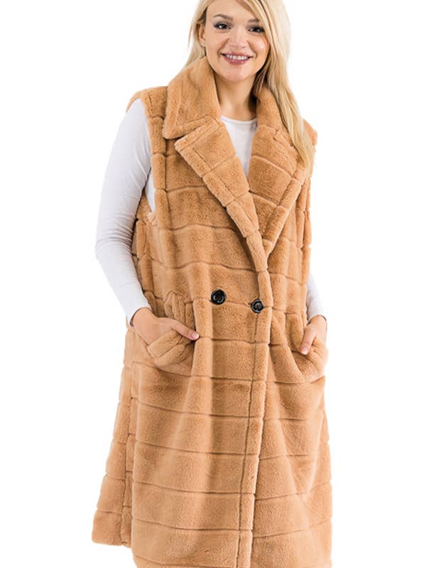 Gesteppte, flauschige Weste aus Kunstfell mit Taschen in Midilänge für den Großhandel von Cap Zone