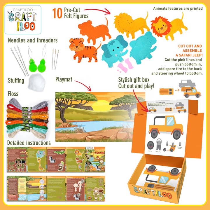 Craftiloo - Venta al por mayor Kits de costura - Kit de Costura Safari para Niños