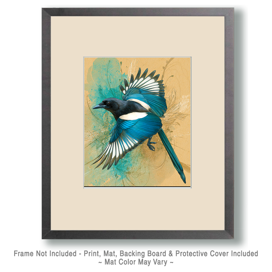 Mowbi - Wholesale Kunstprint - Vliegende Ekster Wildlife Kunstprint - 20x25 cm Kunstwerk voor 28x36 cm Lijst1