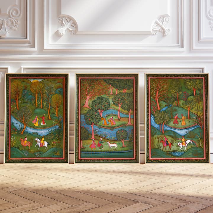 Conjunto de 3 Arte Folclórico Tradicional Indio – Arte de Pared de Aldea Mughal para venta al por mayor de IuliiaArtPrints