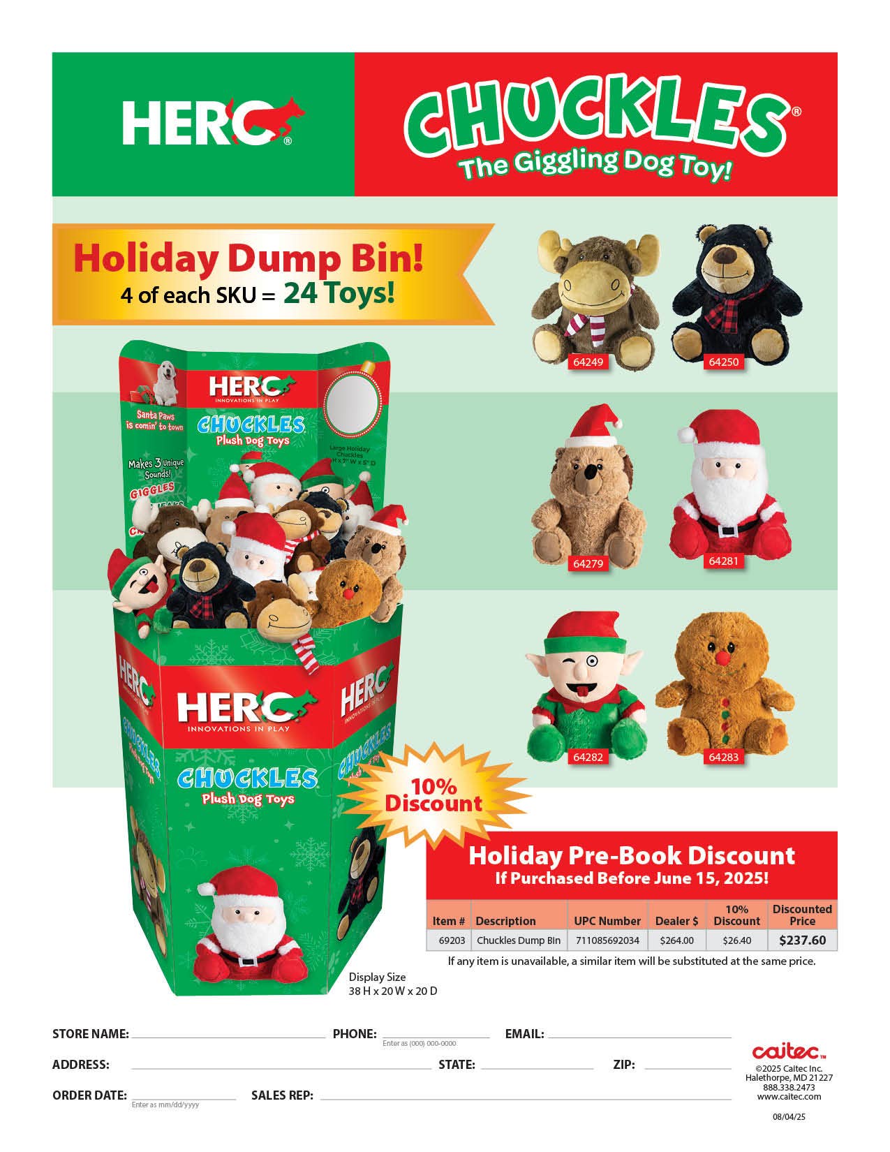 Caitec Inc – Peluche - Cão por atacado – Caixote de Férias Chuckles0