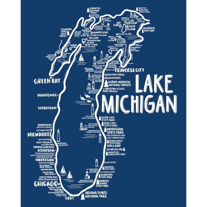 Carte du lac Michigan bleu pour la vente par Whereabouts Shop