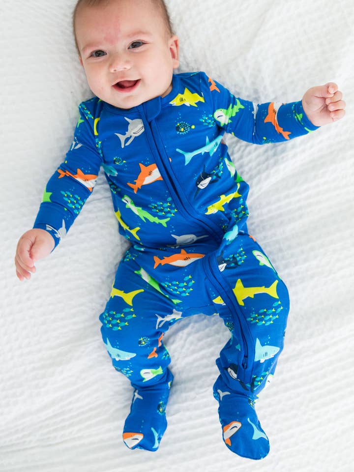 Blue Baby Boys Happy Sharks Bamboo Viscose Footed One Piece Pajama
for wholesale on Faire