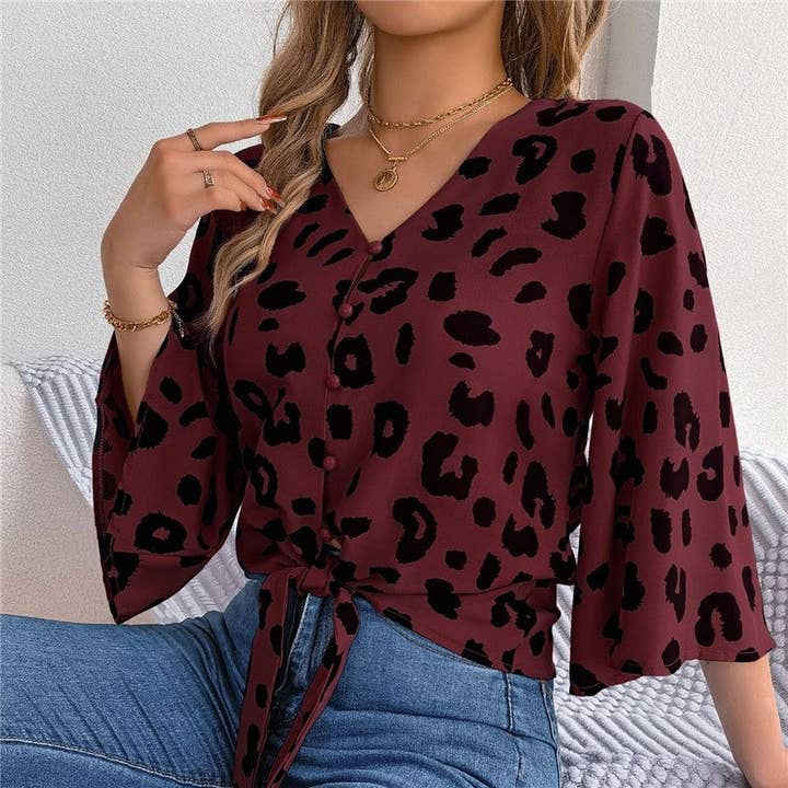 UZ Wholesale Store – wholesale Blus - Dam – Leopardmönstrad skjorta med knytband i midjan och klockärmar