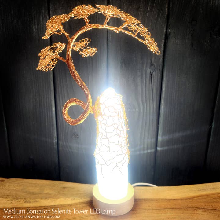 USB LED Lamp Copper Wire Bonsai Tree on Selenite Tower - Med for wholesale by Elysian Workshop