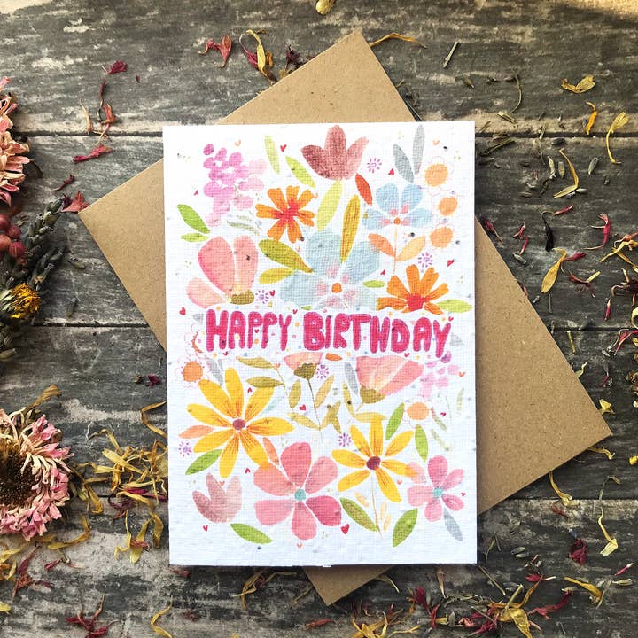 Plantable Seed Paper Birthday Card, Floral Greeting cards for wholesale by Erika's Whimsical Art