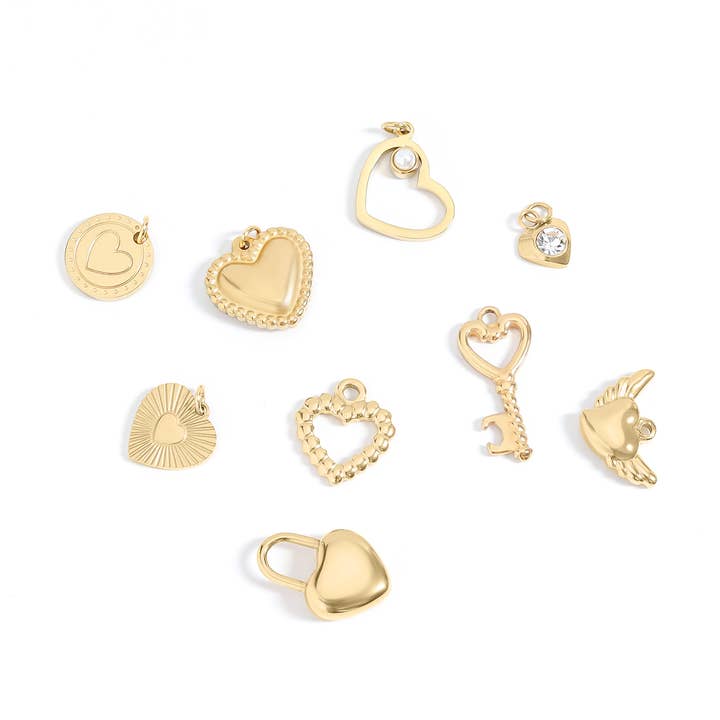 WJW – wholesale Individual charm/pendant – (9pc) 18K Gold PVD Stainless Steel Heart Charm Set1