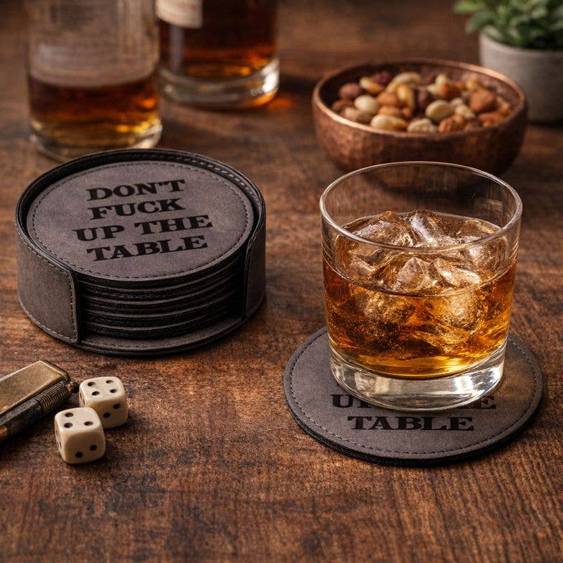 BeyBerk International - Wholesale Coasters - 6 Coaster Set with Holder in Vintage Grey Leatherette1