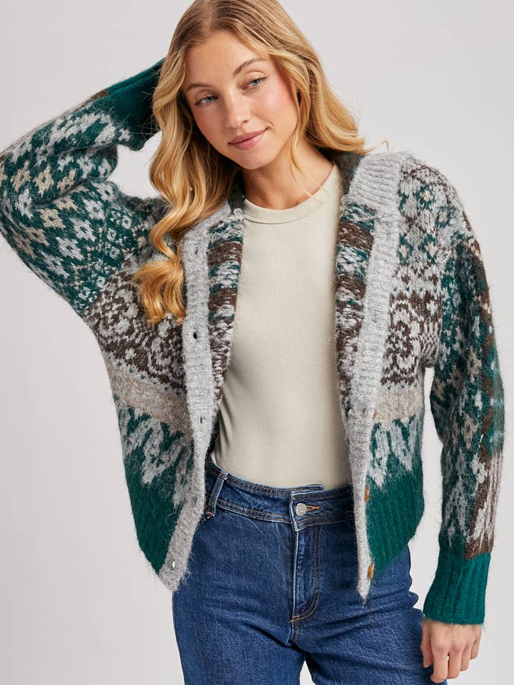 FAIR ISLE BUTTON DOWN KNIT SWEATER CARDIGAN HOODIE for wholesale by Bluivy