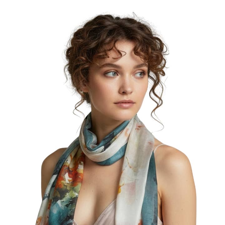 Namaskar Australia - Wholesale Scarf - Women's - Tropical Horizon Floral Landscape Scarf – Pure Silk Designer Wrap | Watercolor Coastal Print0