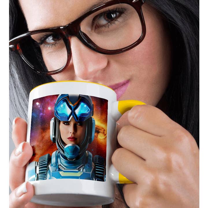 3dRose - Wholesale Coffee Mug - 3dRose, The queen of galaxy. Beautiful young woman astronaut in blue suit art, Mug1