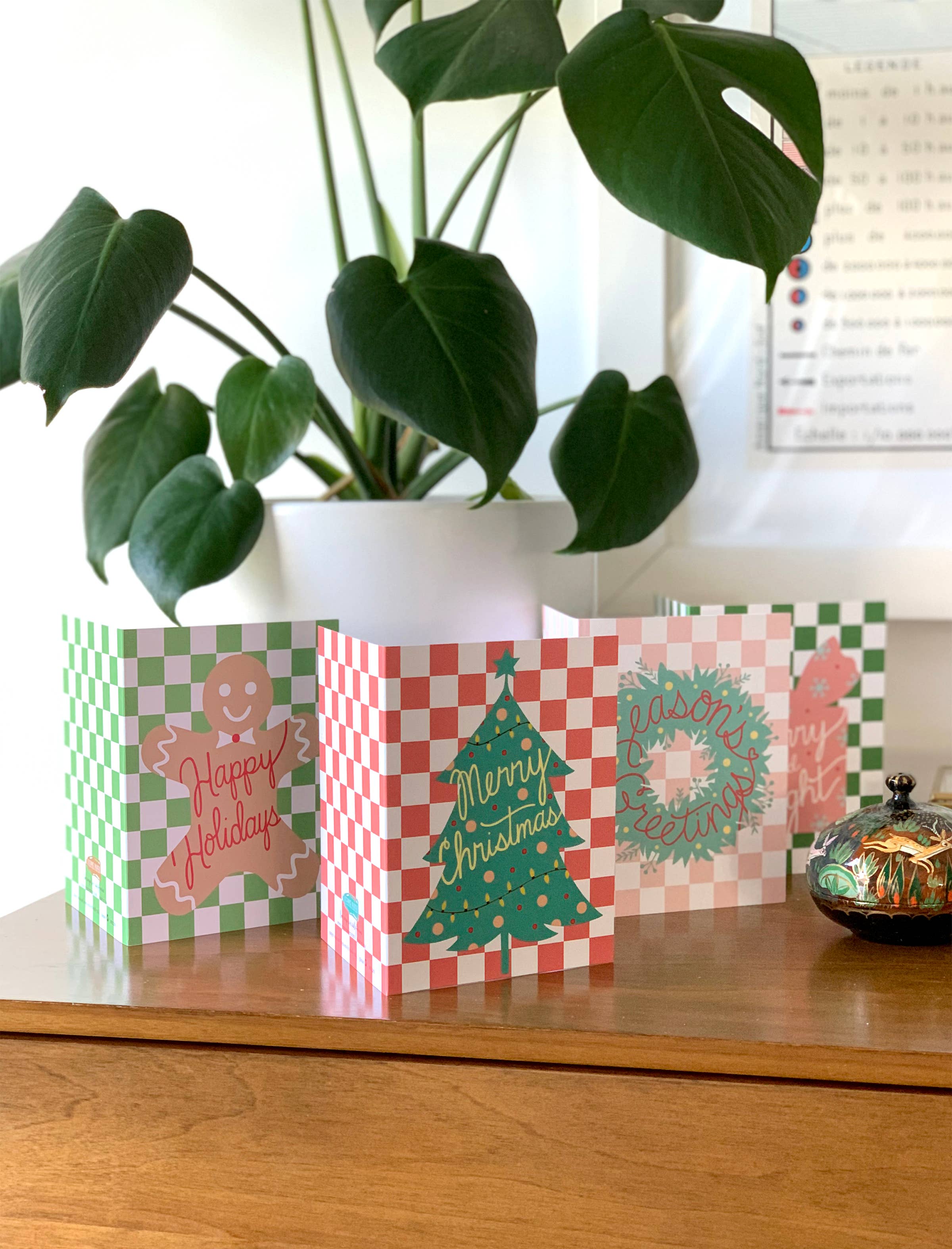 Yeppie Paper - Wholesale Christmas Card - Christmas Tree with Lights Checkered Pattern Retro Christmas Card2