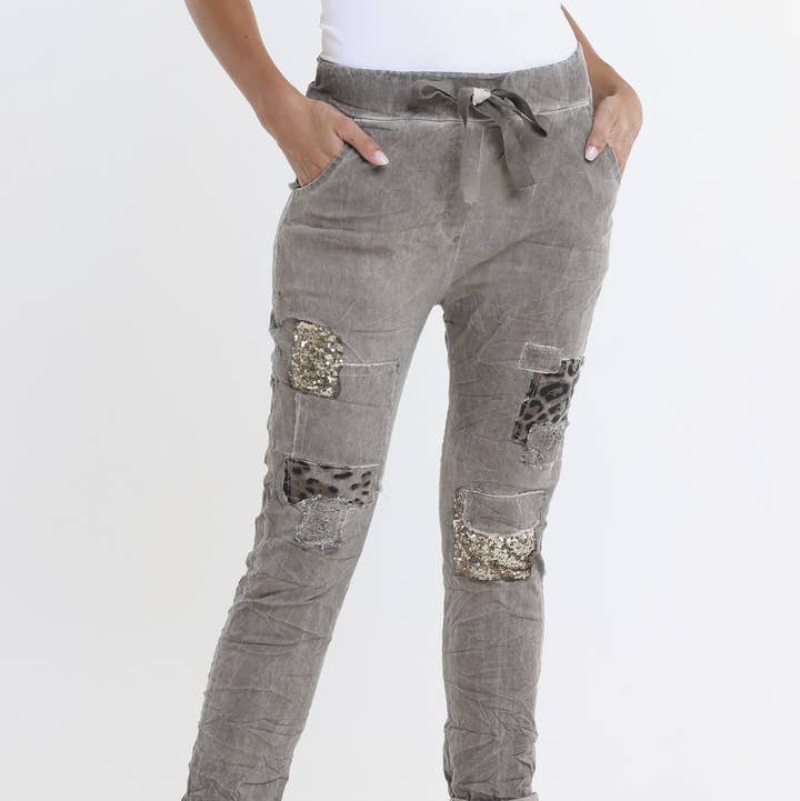 Kelly Leopard Sequin Patch Pant (PL192L) for wholesale by TINA Stephens Italy/Tees By Tina